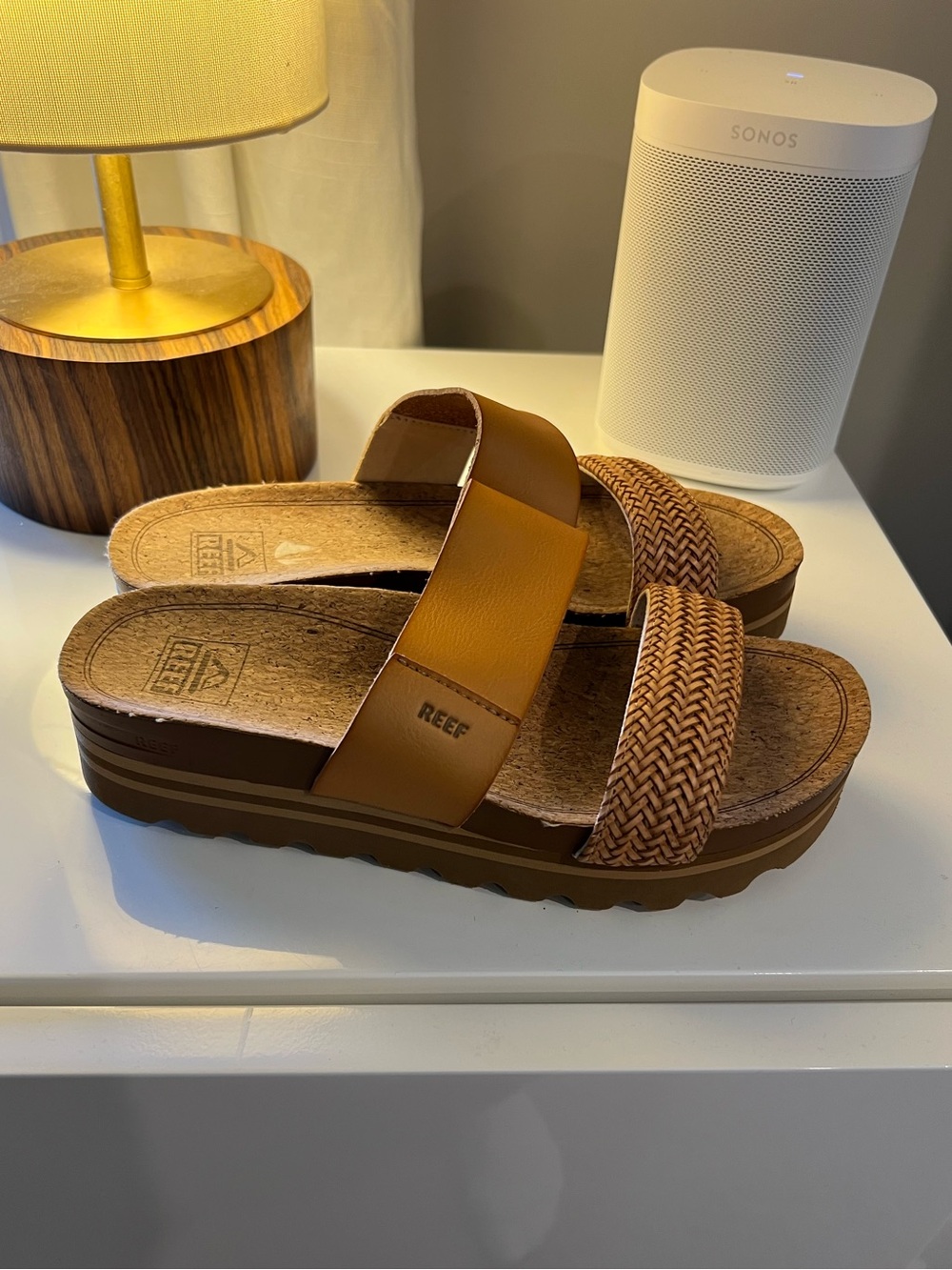 Reef Women's Cognac/Braided Tan Platform Slide Sandals